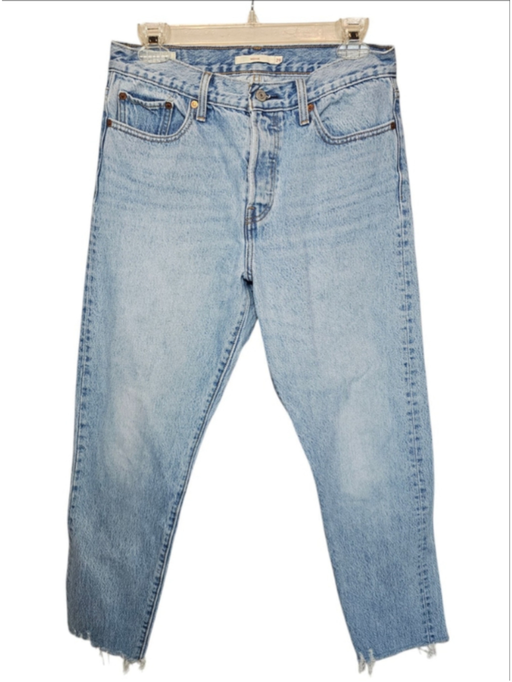 Levi's Wedgie Straight High Rise Jeans Size 29 Light Wash Raw Hem Button Fly EUC